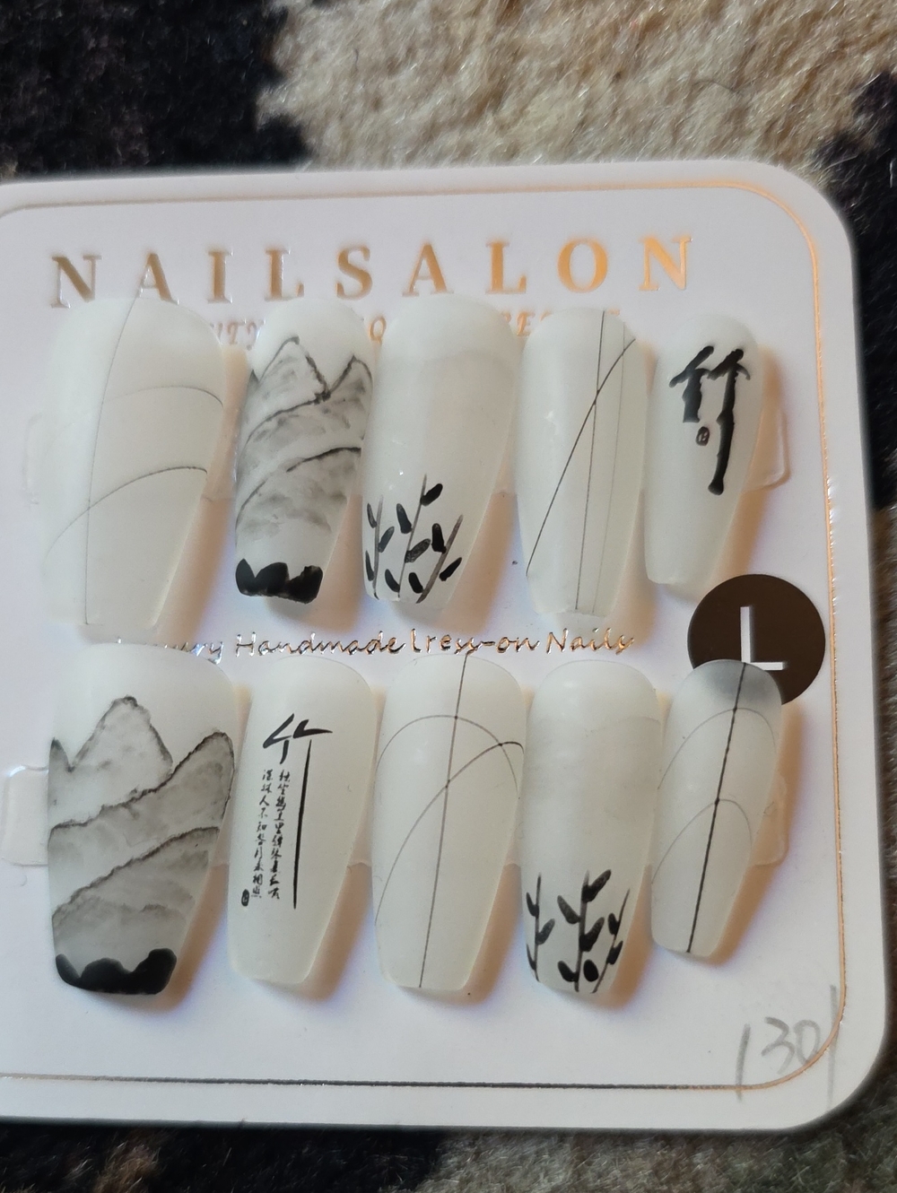 White and Black Hand-Painted Press-On Nail Set Large